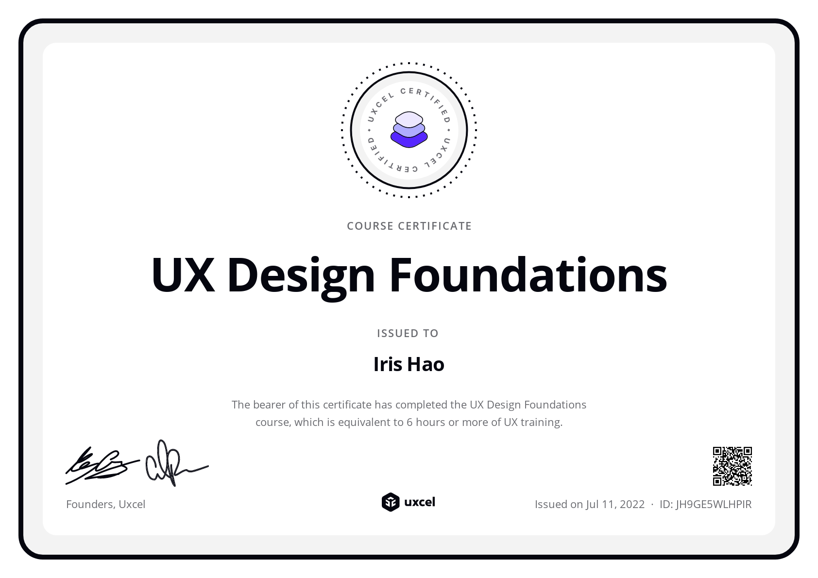 Iris Hao's certificate